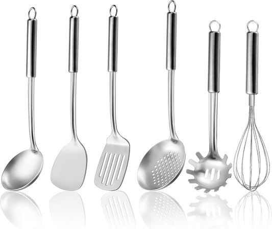 6-Piece Kitchen Cooking Utensils Set, Stainless Steel Kitchen Utensils with Suspendable Handle, Spatula, Slotted Turner, Soup Ladle, Slotted Spoon, Whisk, Pasta Server, Dishwasher Safe