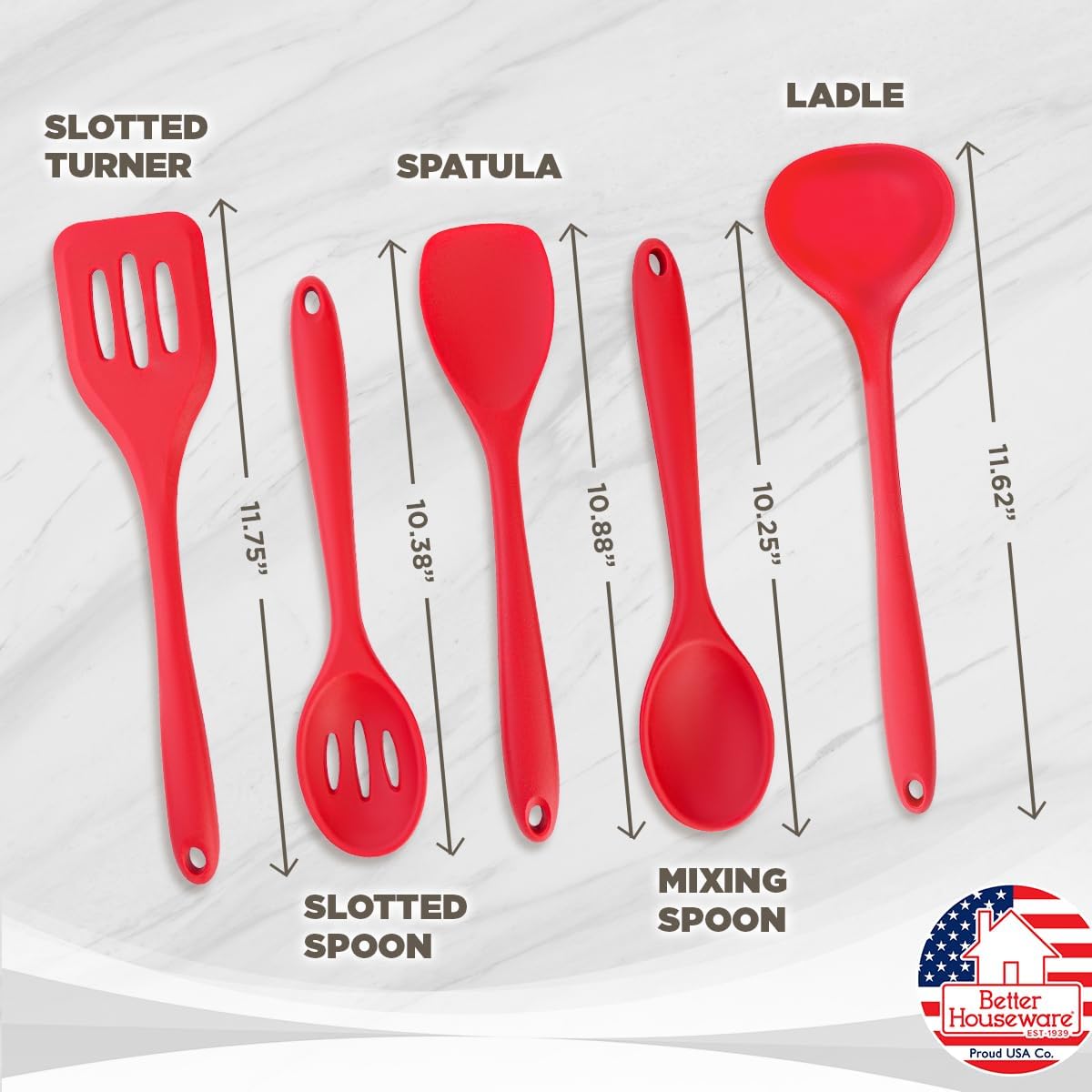Better Houseware Silicone Cooking Utensil Set - 5 Piece Red Silicone Kitchen Utensils - Stain & Odor Resistant, Heat Resistant, Dishwasher Safe