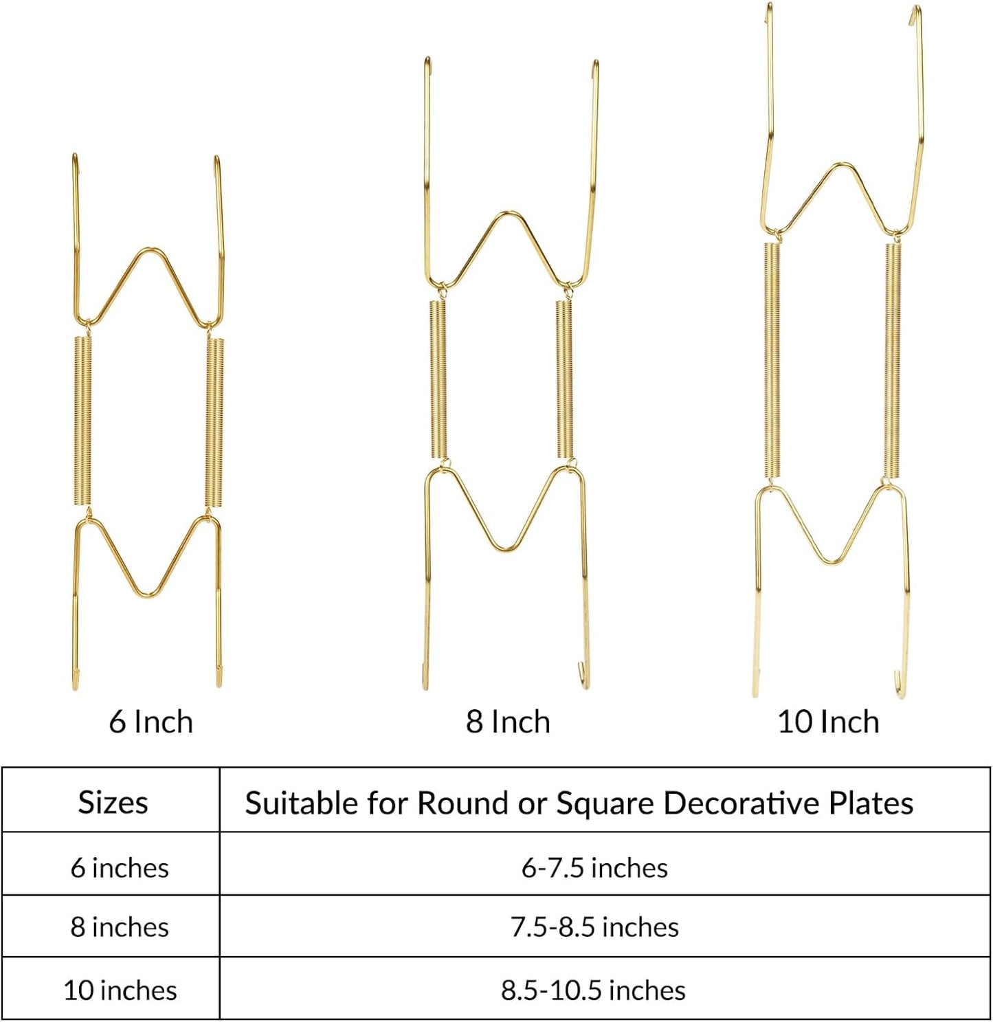 12-Pack Invisible Wall Plate Hangers, 6/8/10 Inch Brass Plate Holders with 16-Pack Wall Hooks