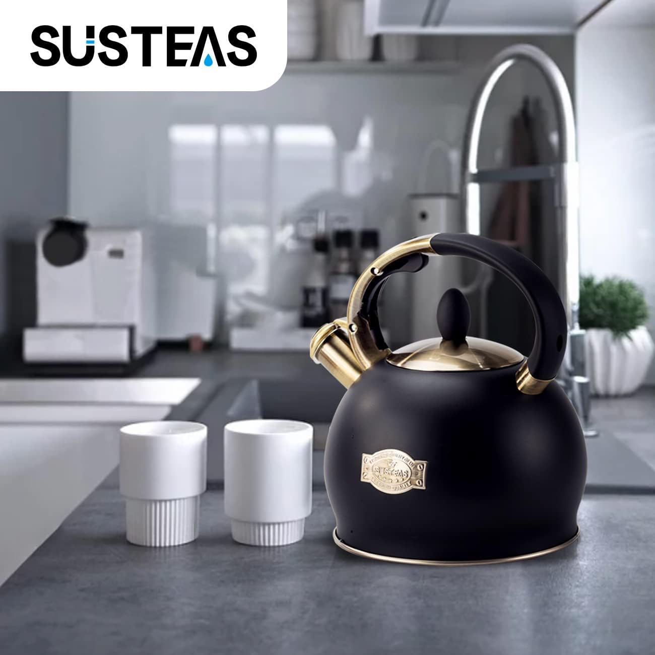 SUSTEAS Stove Top Whistling Tea Kettle - Food Grade Stainless Steel Teakettle Teapot with Cool Touch Ergonomic Handle, With 1 Silicone Pinch Mitt Included, 2.64 Quart(BLACK)