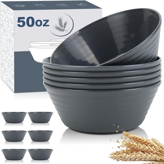 Wrova Wheat Straw Bowl Sets,6 PCS Unbreakable Cereal Bowl 50 OZ,Microwave and Dishwasher Safe Bowls,Super Big Bowl Sets BPA Free Big Bowl for Serving Cereal,Oatmeal and Salad (Deep Gray)