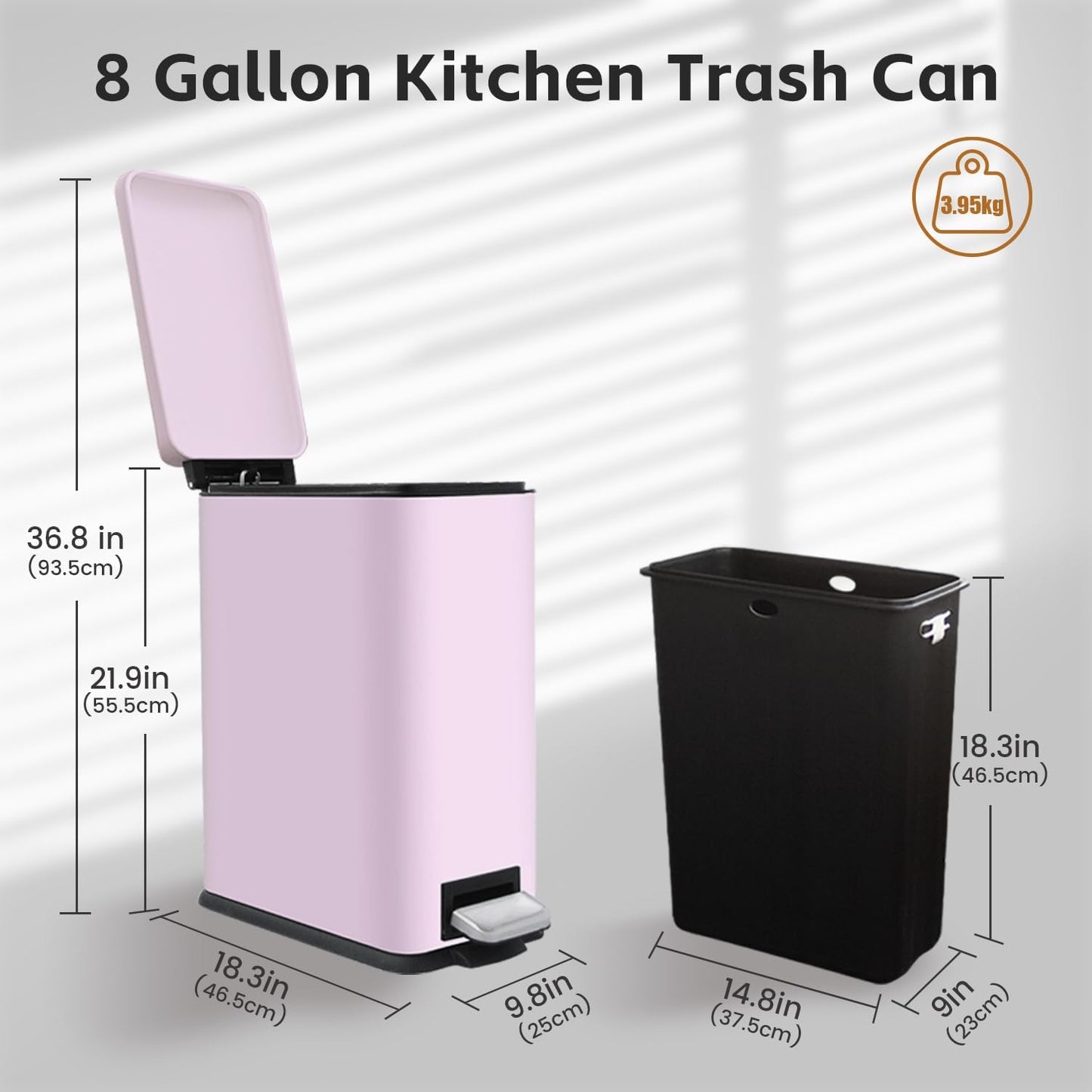 30L/Slim 8 Gallon Stainless Steel Trash Can with Soft-Close Lid & Removable Inner Bucket, Fingerprint-Proof, Odor-Controlled Kitchen Bathroom & Office Waste Bin, Pink