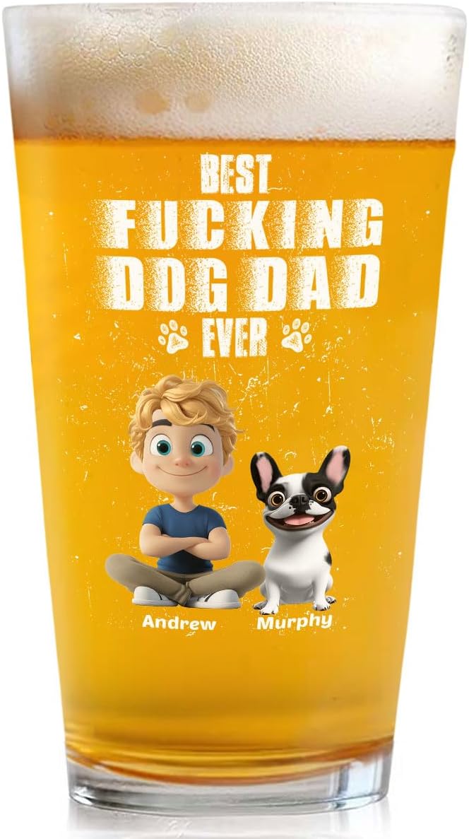 Wrappiness Best Mom Dad Logo Personalized Custom Beer Glass - 16oz Glassware for Beer Soda Cocktails - Gift for Dog Lovers, Father's Day, Birthday Gift for Parents (B06, 1 Dog)
