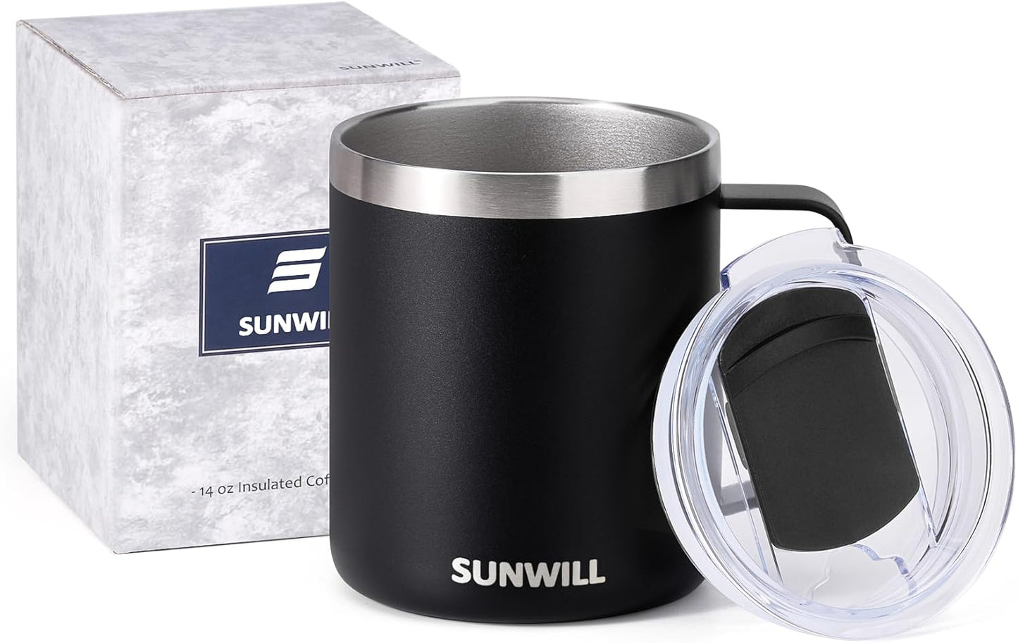 SUNWILL Travel Coffee Mug with Lid, Insulated Tumbler with Handle, 14oz Stainless Steel Cup for Camping, Outdoor, Powder Coated Black