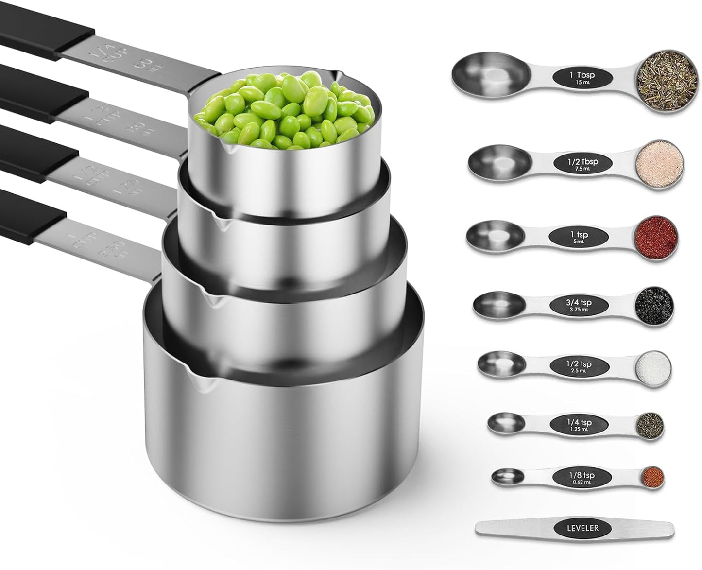 Magnetic Stainless Steel Measuring Cups & Spoons Set –(4+8)-Piece Stackable Set with Engraved Measurements – Dishwasher Safe Baking Essentials-Solid