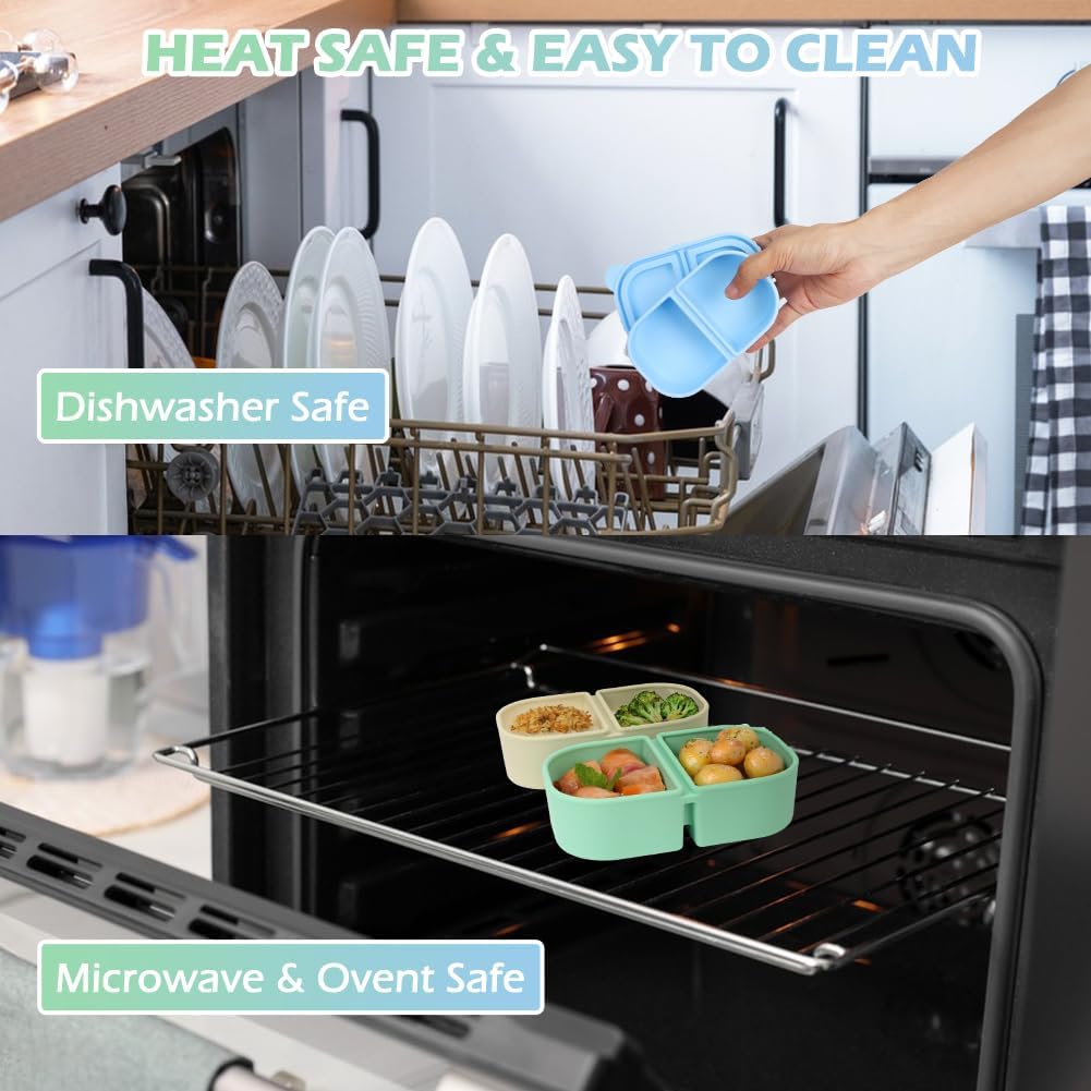 YQL 3 Pack Premium Silicone Reusable Snack Containers with Lids, Double Compartment Snack Box for Kids, Portable Food Containers for Sauce and Salad, Leakproof Snackle Packs for School, Picnic, Office