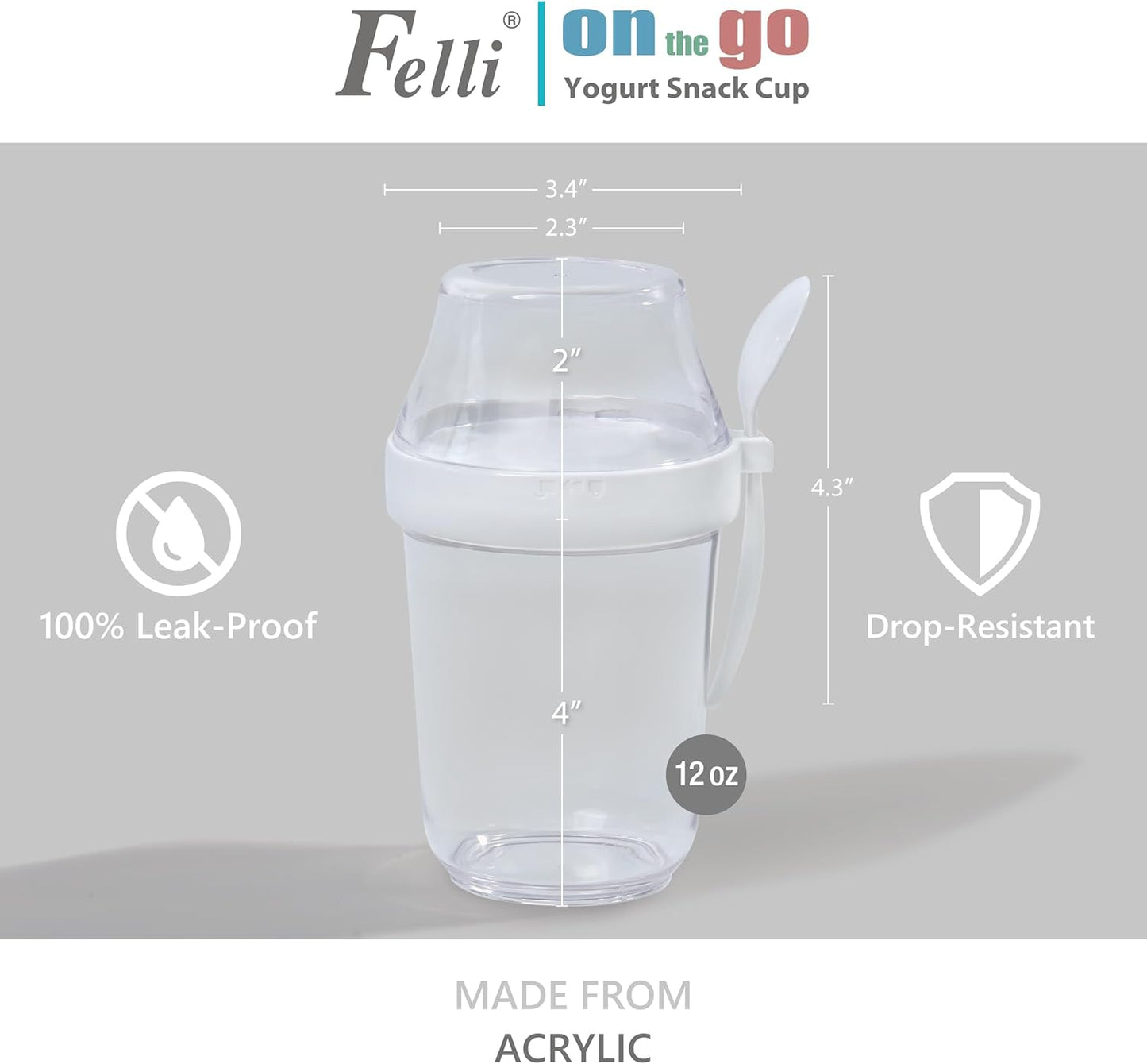 Felli On the Go Yogurt Parfait Snack Cup 12 oz with Spoon & Lid, 100% Leak Proof Granola Holder for To Go Breakfast Cereal Fruit Overnight Oats Container Reusable, Travel Hiking Camping (2, White)