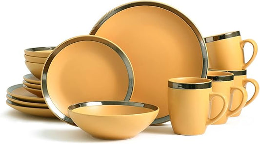 Bestone 16 Piece Round Kitchen Dinnerware Sets,Plates and Bowls sets,Dishes, Plates, Bowls, Mugs, Dish Set，Plates and Bowls,Service for 4, Stoneware (round, green and gold rim)