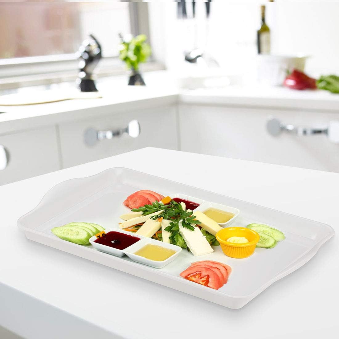 i BKGOO White Melamine Tray,Set of 2 Large Rectangular Serving Platters,Sturdy Foodserving Tray with Ear Size 15 x9.5x1 inch