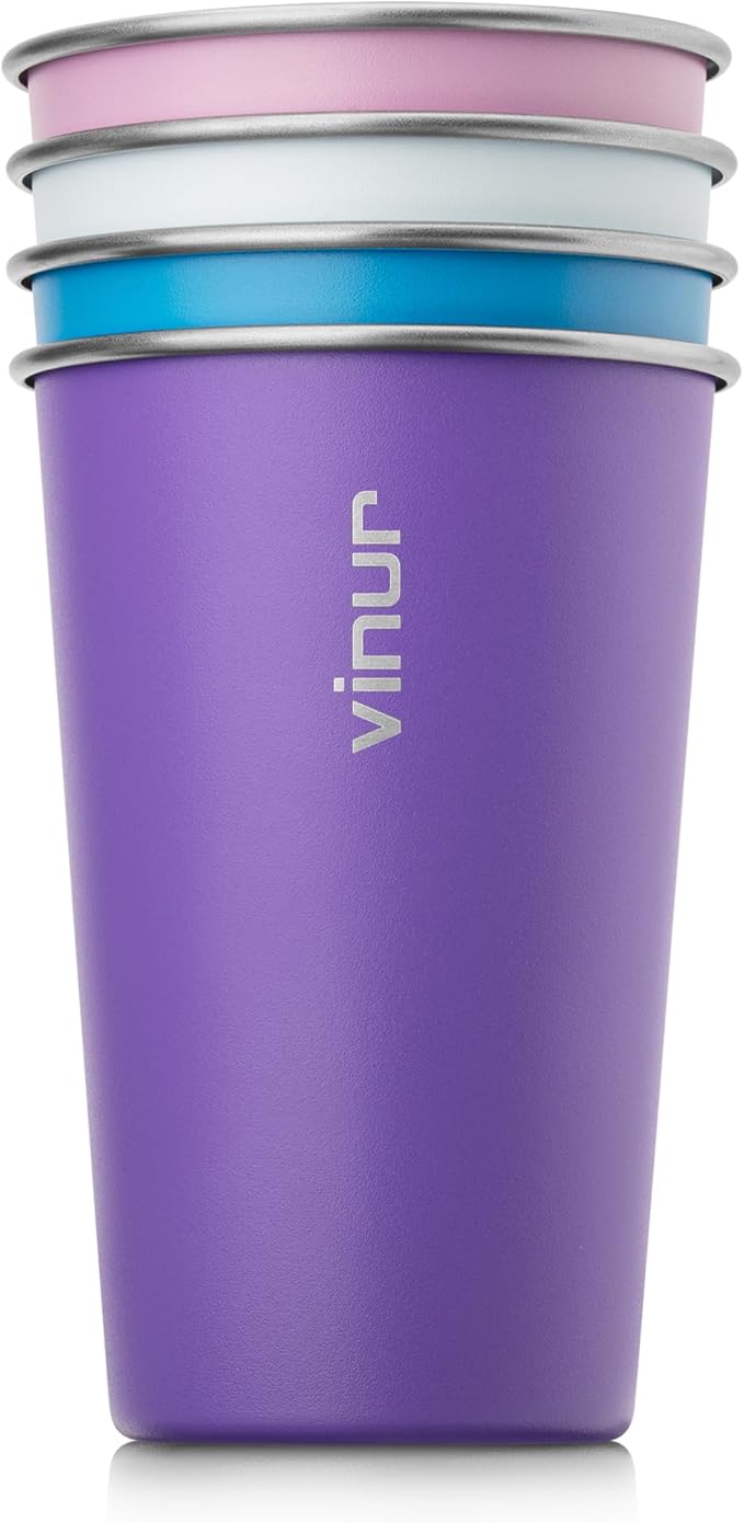 VINUR 16 oz Stainless Steel Cups 4 Pack Pint Tumbler Stackable Metal Drinking Glasses for Travel, Camping, Outdoors (Purple Pink-Sky Blue-Purple-Baby Blue)