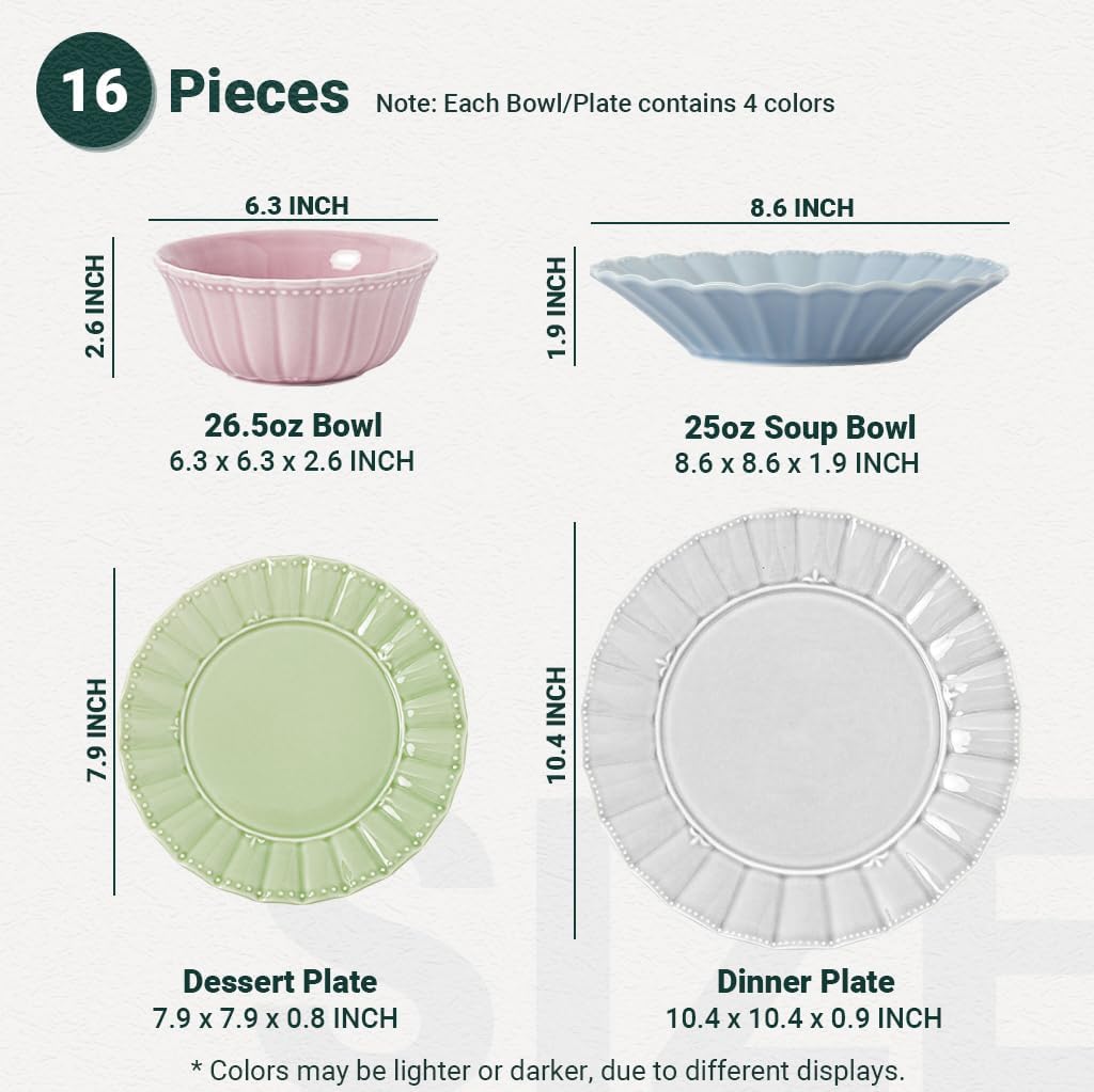 Dinnerware set, 16 Piece plates and bowls sets for 4, Ceramic Mordern dish set for party, Porcelain dish set, House gift, Microwavable safe, Mixed Colors