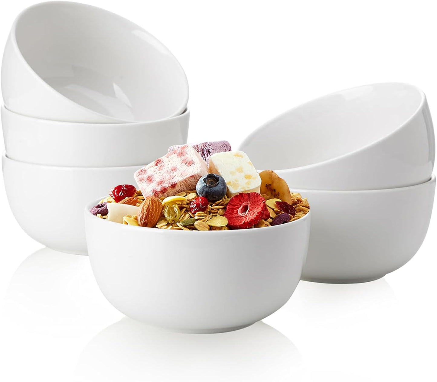 Sweese 10 Oz Porcelain Bowls Set of 6 - Versatile for Cereal, Soup, Salad, Pasta, Oatmeal - Microwave Dishwasher Safe, White