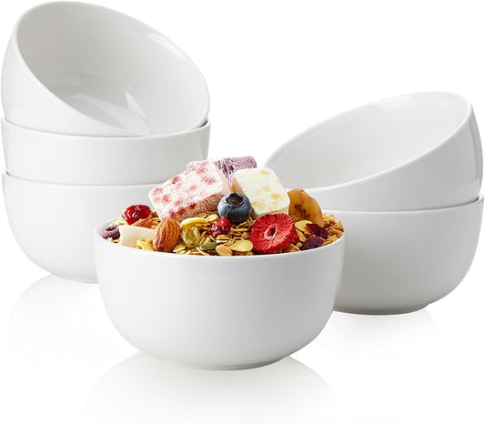 Sweese 10 Oz Porcelain Bowls Set of 6 - Versatile for Cereal, Soup, Salad, Pasta, Oatmeal - Microwave Dishwasher Safe, White