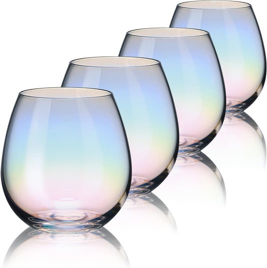 CUKBLESS Stemless Wine Glasses Set of 4, Iridescent Wine Glass for Red or White Wine, 15 OZ