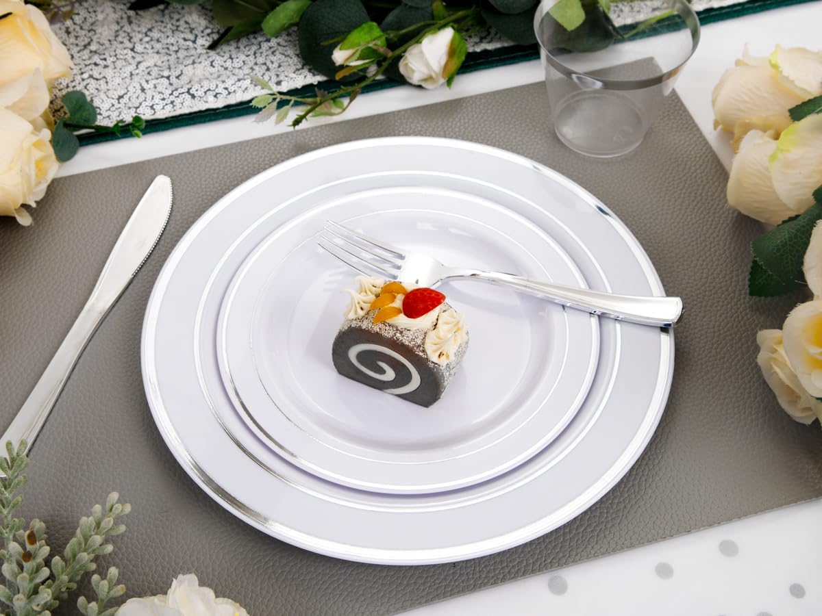 GATHER 176 Pieces Silver Plates - Disposable Silver Plastic Plates Includes 50 Plates, 75 Silverware, 25 Napkins, 25 Silver Rimmed Cups and 1 Tablecloth Perfect for Party & Weding