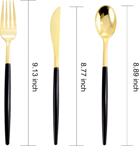 I00000 60 Pack Gold Silverware Set with Black Handle,Heavy Duty Black Plastic Cutlery Include 20 Forks 20 Knives 20 Spoons, Plastic Utensils Set for Party