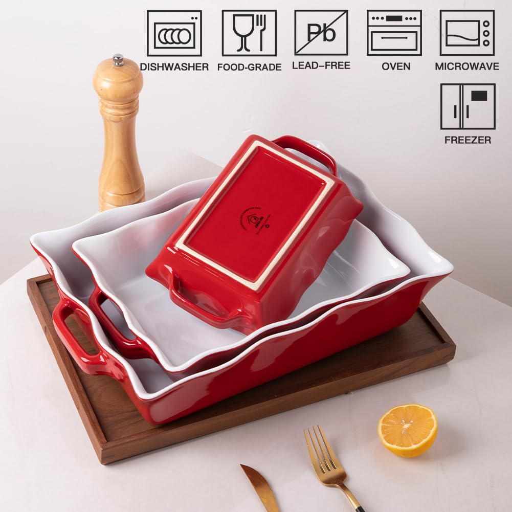 Sweejar Casserole Dishes for Oven, Ceramic Bakeware Set of 3, Rectangular Baking dish with Handles, Wave Edge Lasagna Pan Deep for Cooking, Cake, Dinner, Banquet and Daily Use (Red)