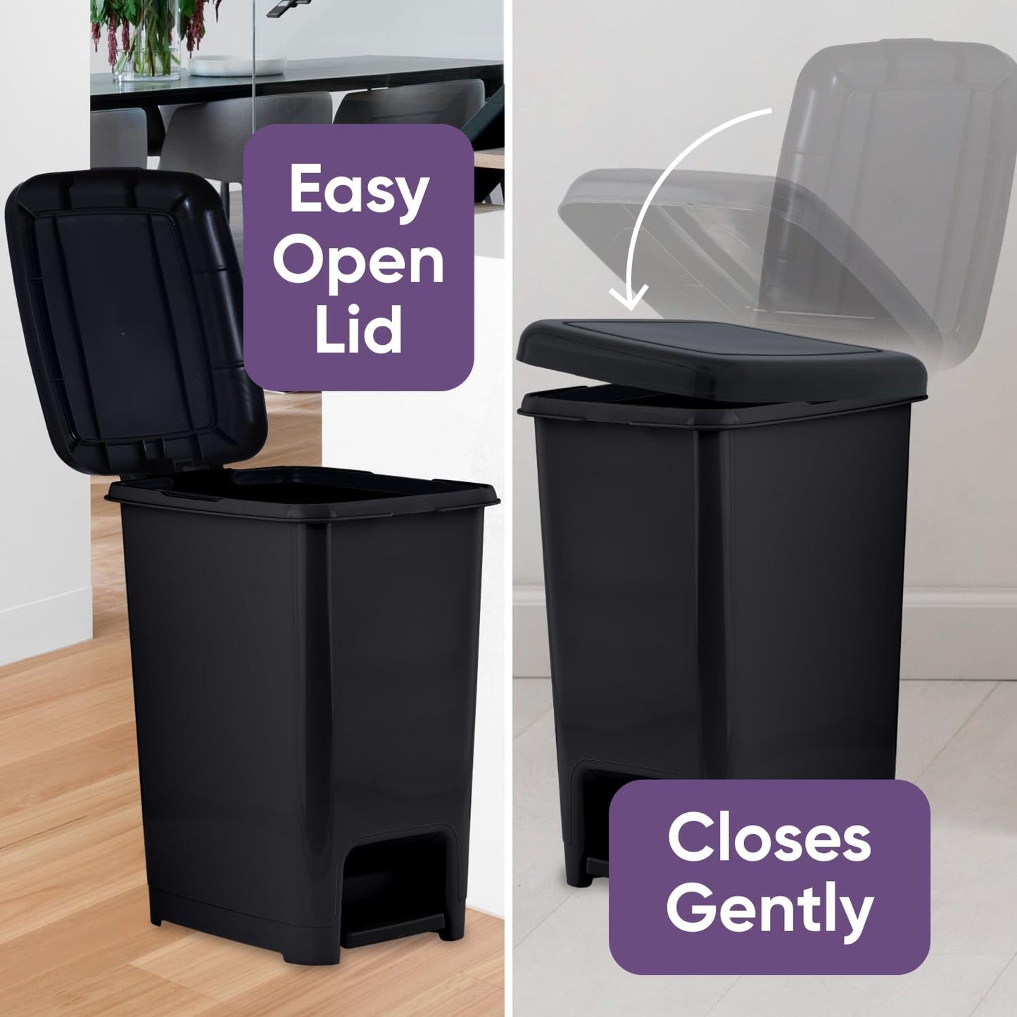 Superio Kitchen Trash Can, Slim Step On Garbage Can with Foot Pedal, 16 Gallon, 64 Qt. Large Black Heavy Duty Plastic Trash and Recycling Bin