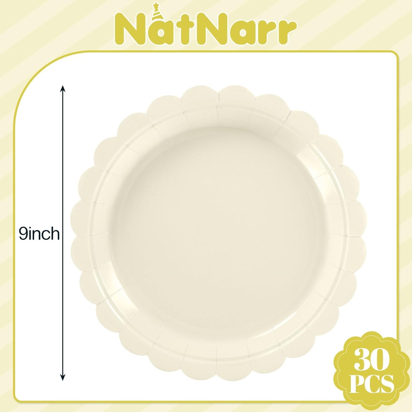 30 Pcs Cream Plates Disposable 9 Inch Scalloped Thanksgiving Plates Cute Beige Dessert Cake Plate Ivory Dinner Plate for Thanksgiving, Baby Bridal Shower, Wedding