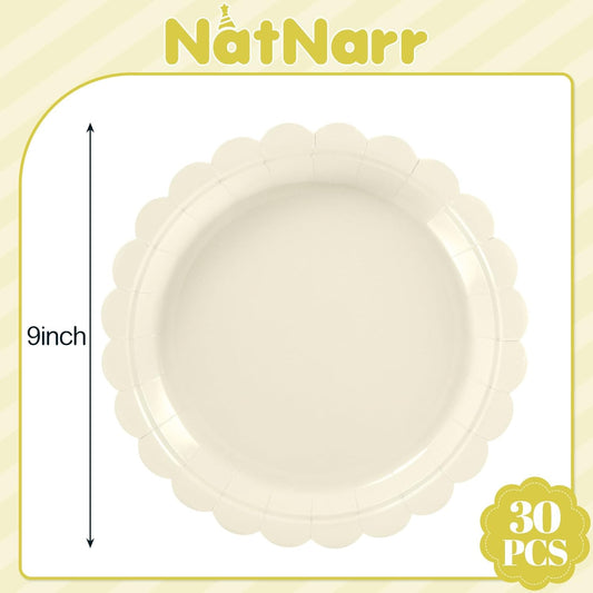 30 Pcs Cream Plates Disposable 9 Inch Scalloped Thanksgiving Plates Cute Beige Dessert Cake Plate Ivory Dinner Plate for Thanksgiving, Baby Bridal Shower, Wedding