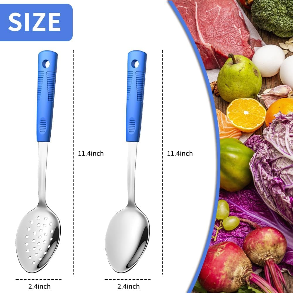 2-Piece,Stainless Steel Serving spoons set with Slotted Spoon.Serving Spoon and Perforated Spoon, kitchen cooking serving utensils set cooking spoon-blue