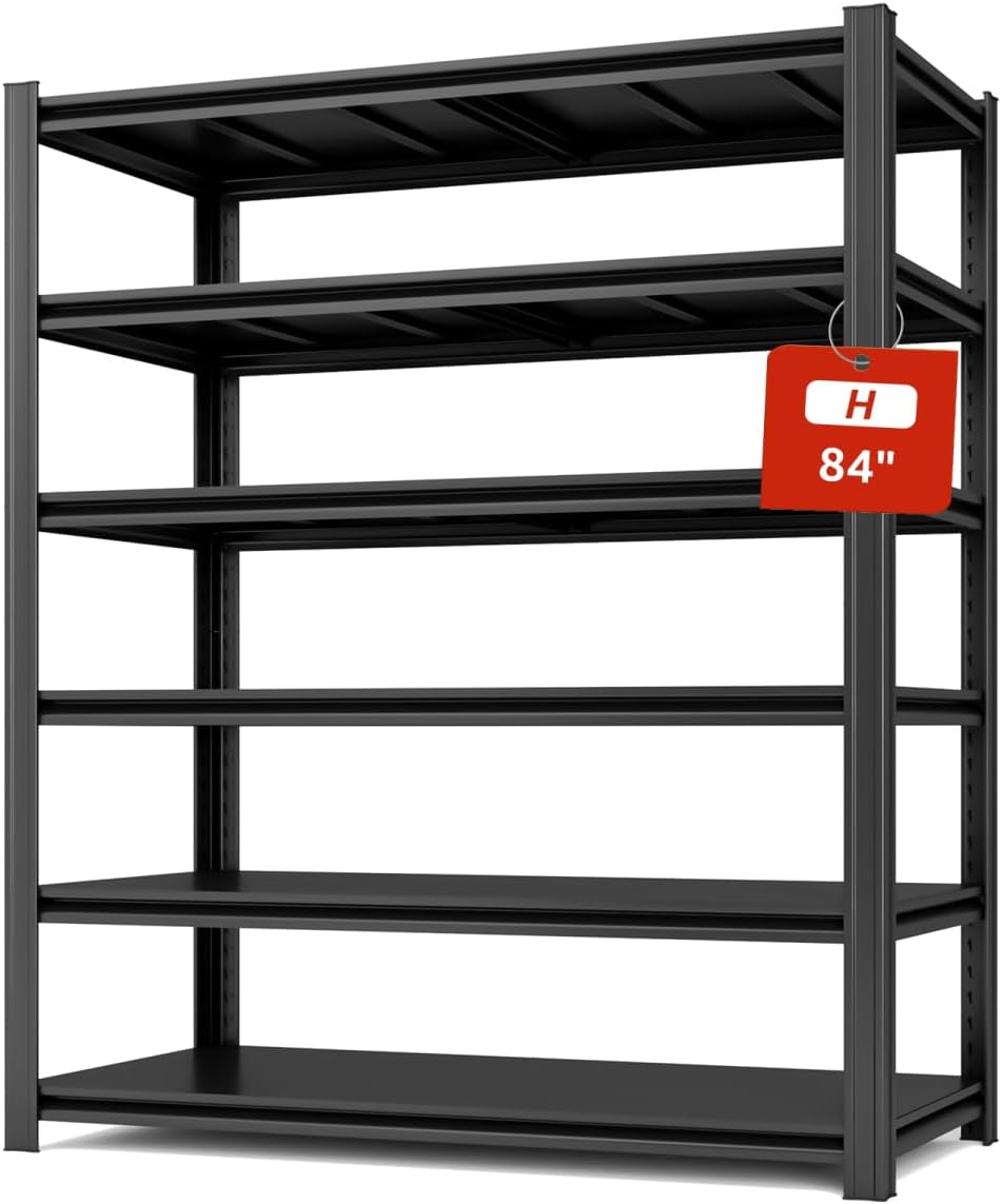 55.12" W Father&I 6-Shelf Industrial Adjustable Heavy-Dudy Tall Metal Steel Garage Storage Shelves Shelving Units/Rack System (Commercial) for Basement/Shop/Dorm, 84" H*55.12" W*24" D*, Black
