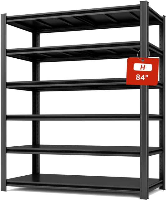 55.12" W Father&I 6-Shelf Industrial Adjustable Heavy-Dudy Tall Metal Steel Garage Storage Shelves Shelving Units/Rack System (Commercial) for Basement/Shop/Dorm, 84" H*55.12" W*24" D*, Black