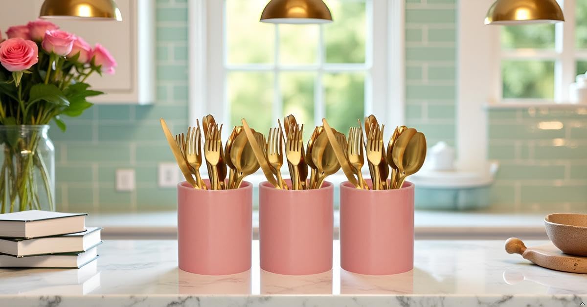 Utensils Holder,Caddy Cutlery Holder Silverware, Utensils Organizer Elegant Pink Porcelain, Spoon Holder for Party Tableware Holder for Kitchen Table, Cabinet