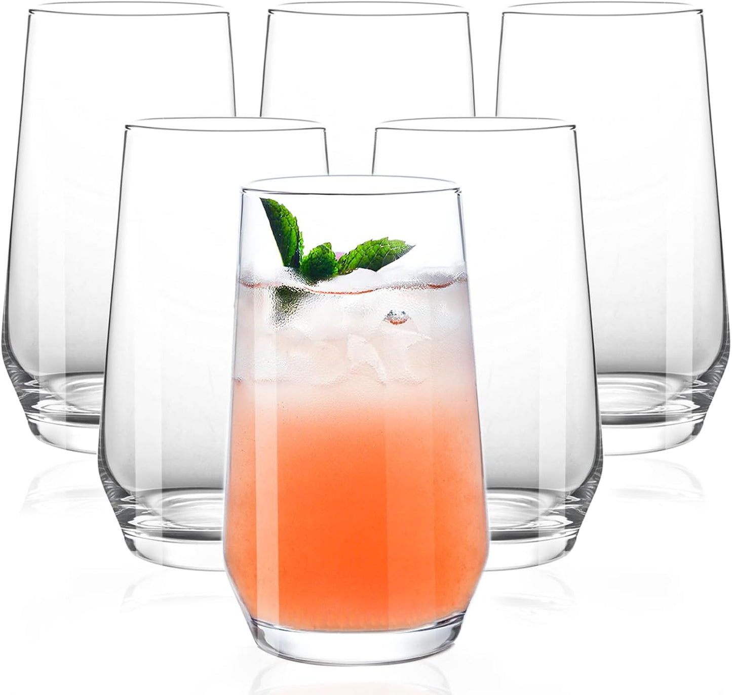 Drinking Glasses Set of 6, 16.4oz Highball Glasses, Crystal Clear Tall Glass Cups for Cocktail, Juice, Iced Tea, Mojito and Smoothies, Clear Glassware Set