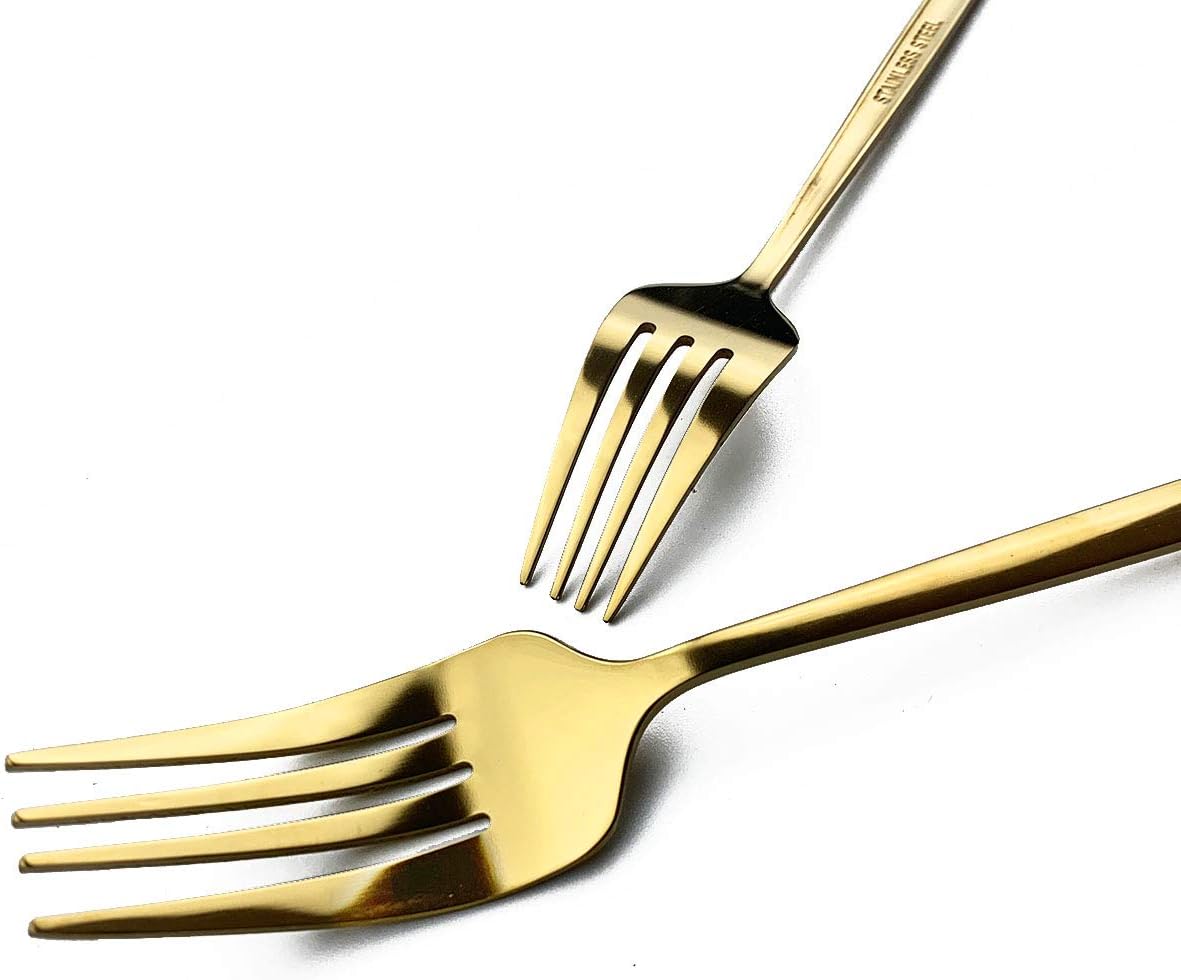 Gugrida Mirror Polished Gold Royal Dessert Fork Salad Forks Medium Forks, Light weight design Stainless Steel Flatware Cutlery Set for 6, 7.28-Inch