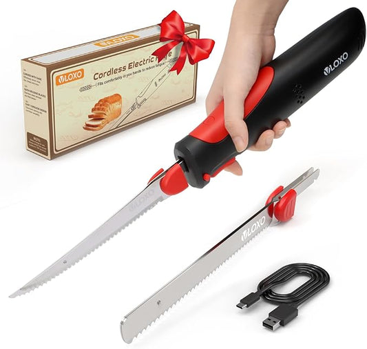 VLOXO Electric Knife for Meat Slicing, Rechargeable Electric Carving Knife with 2 Stainless Steel Blades Safety Lock Ergonomic Handle Cordless electric knives for Fish Fillet Steak Bread Turkey