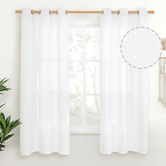 YoungsTex 63 Inch Length White Semi Sheer Curtains for Living Room 2 Panels, Linen Drapes with Bronze Grommet Light Filtering Window Treatments for Bedroom, 42 X 63 Inch