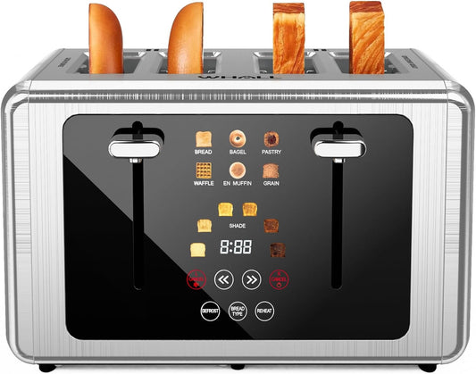 whall 4 Slice Touch Screen Toaster, Stainless Steel Toasters Digital Timer, Dual Control Panel Toasters，6 Shade Settings＆6 Bread Types, Smart Wide Slots, Bagel, Cancel, Defrost,Silver