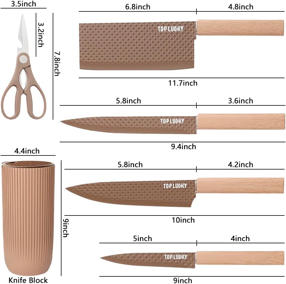 Knife Set, Wiztoynia 6-Piece Coffee Kitchen Knife Set for Home, Anti-Rust Non-stick Stainless Steel Sharp Chef Knife Set with Universal Knife Block for Kitchen, Ergonomical Design (Coffee)