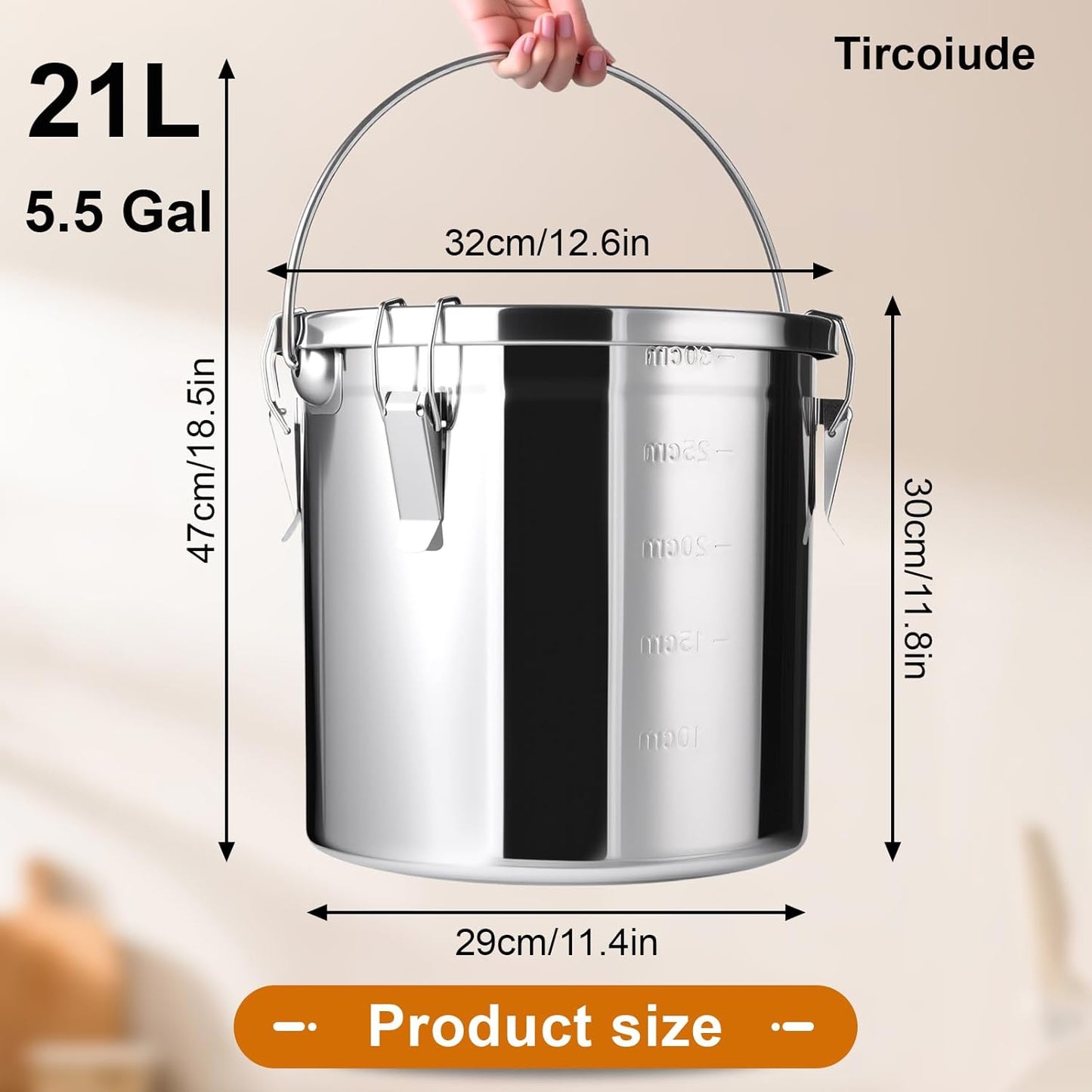 304 Stainless Steel Airtight Canister, 38 lbs Large Capacity Food Storage Containers with Lids and 4 Locking Clamp for Bean Flour Oil Sugar Milk Rice Container (Handheld) 21L/5.5 Gal