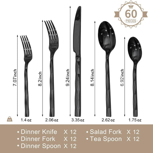KINGSTONE Black Silverware Set, Luxury 60 Piece Flatware Set for, 18/10 Stainless Steel Cutlery Set with Diamond Cut Pattern for Kitchen, Home, Wedding, Party, Mirror Polished and Dishwasher Safe