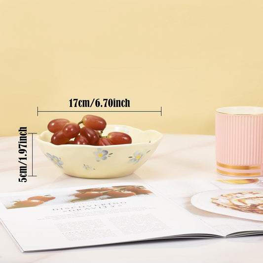 Koythin Salad Bowls Set of 2, Cute Blue Flower Ceramic Bowls, Cream Yellow Serving Bowl for Pasta, Cereal, Fruit, Soup, Rice, Dishwasher and Microwave Safe (Blue Flower Set of 2)