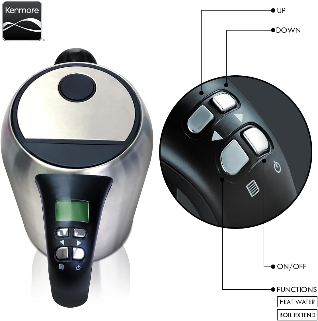 Kenmore Digital Cordless Kettle, 1.7 L / 1.8 Quarts Capacity, Stainless Steel Electric Kettle with Digital Temperature Control, Concealed Heating Element, and Keep Warm Mode