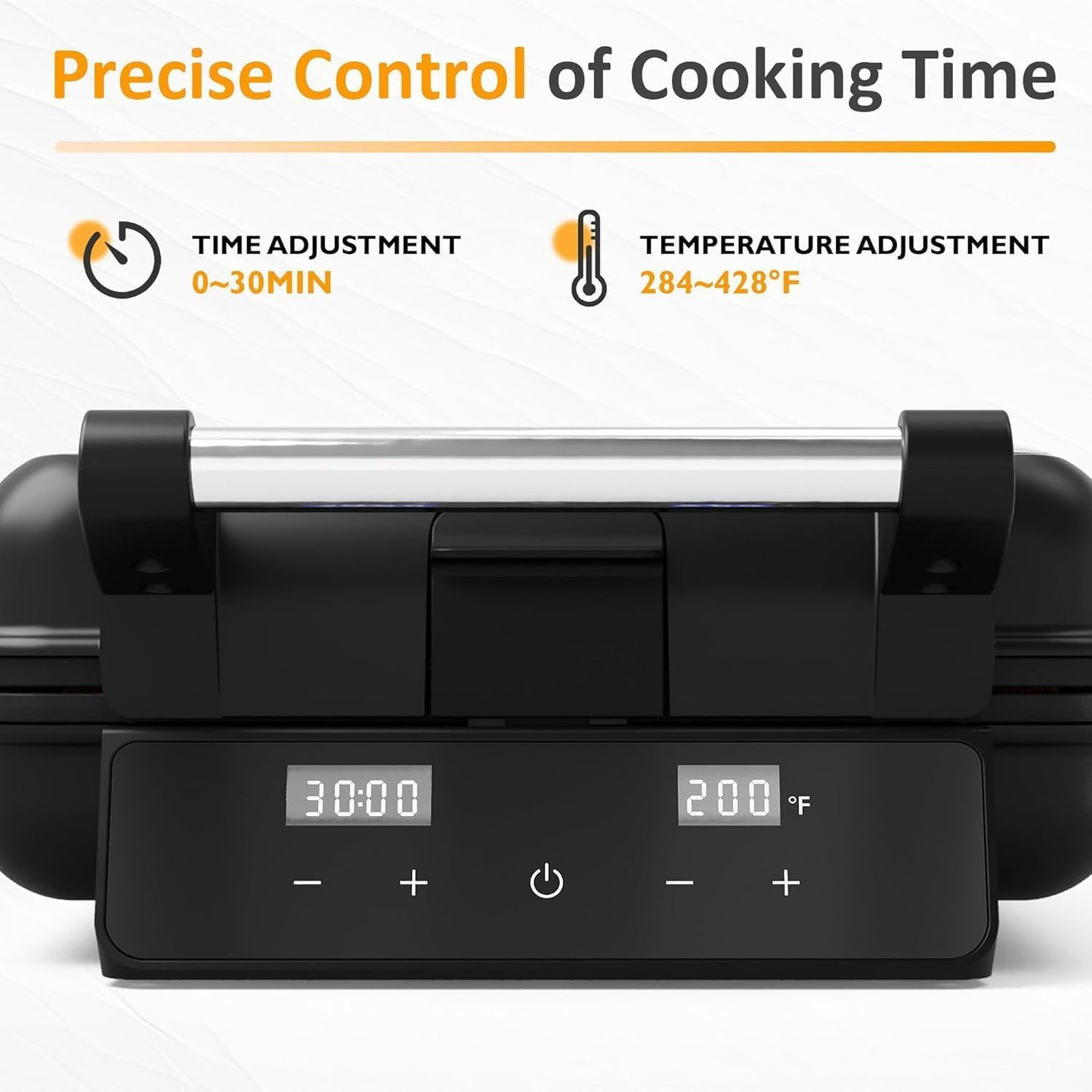 4-Slice Waffle Maker with Nonstick Surface, 1200W Waffle Iron, Time & Temperature Control, LCD Display, Perfect Waffle Maker for Kids and Families, Stainless Steel, Silver