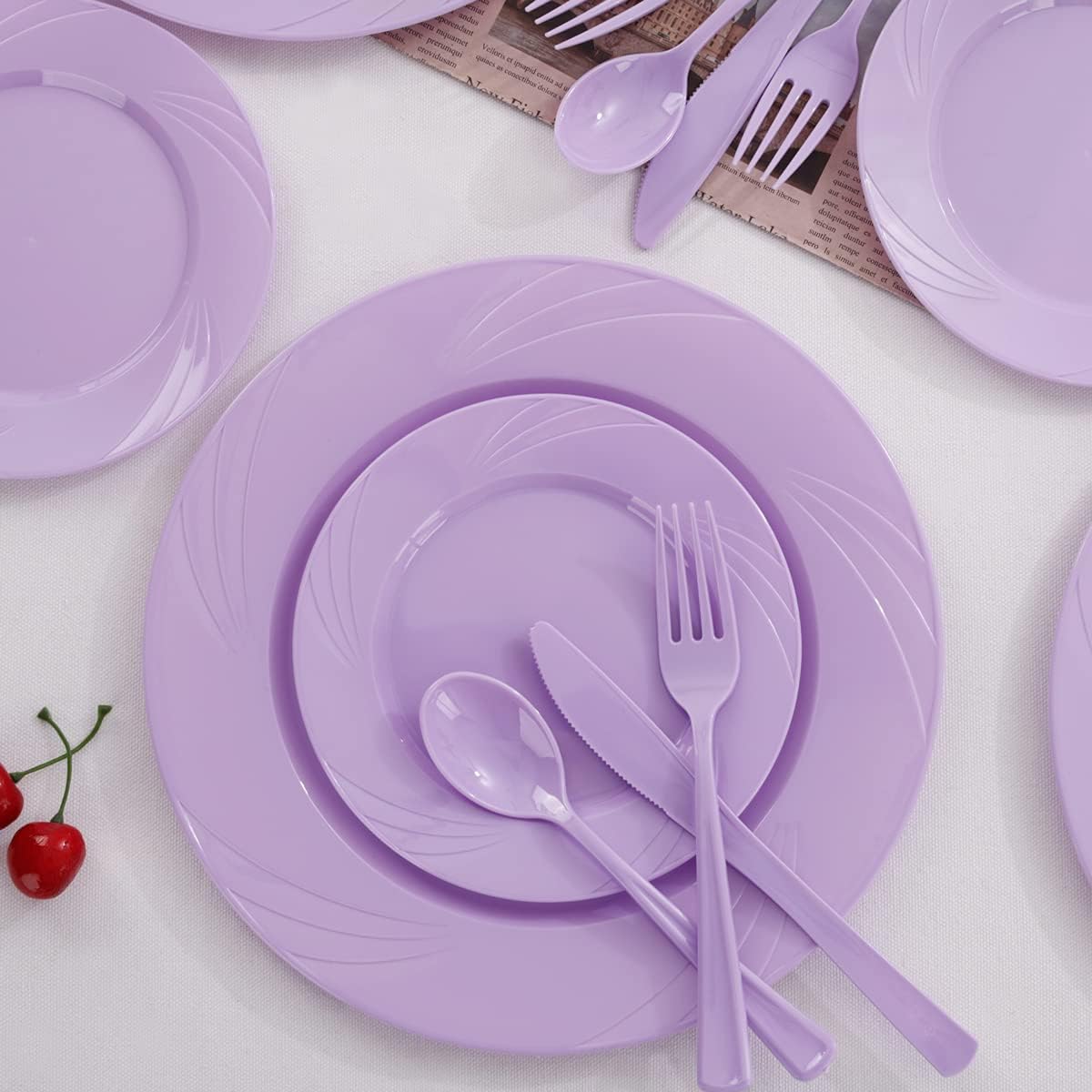 YOUBET 125PCS Purple Plastic Plates - Lavender Plate - Purple Plastic Silverware - Include 50 Dinner & Dessert Plates 25 Forks 25 Knives 25 Spoons for Wedding Birthday Parties