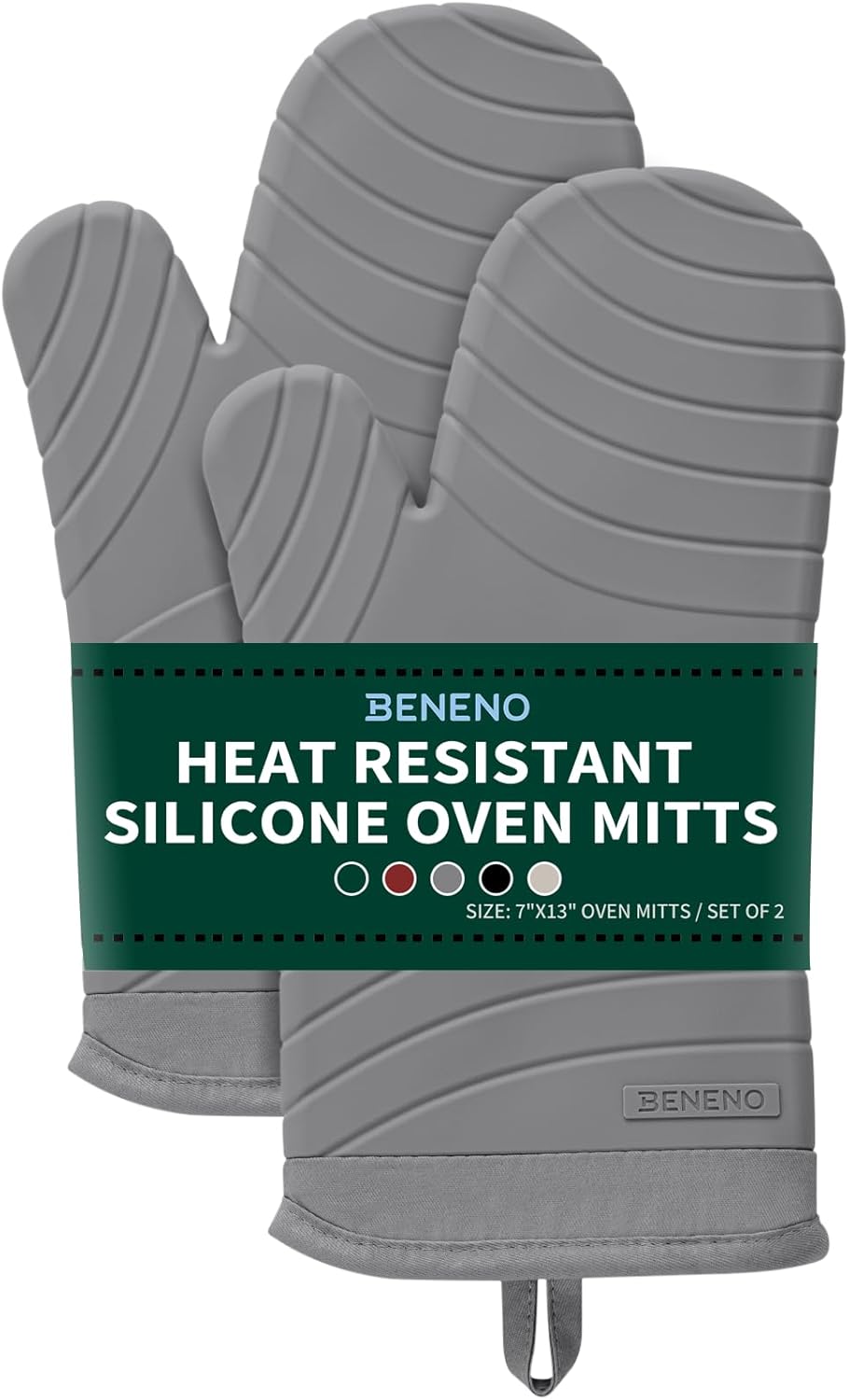 Beneno BPA-Free Silicone Oven Mitts, Heat Resistant Waterproof Oven Mitts with Non-Slip Textured Grip, Comfortable Quilted Lining, Kitchen Pot Holders for Cooking, Baking, Grilling, 7"x13", 2Pcs Gray