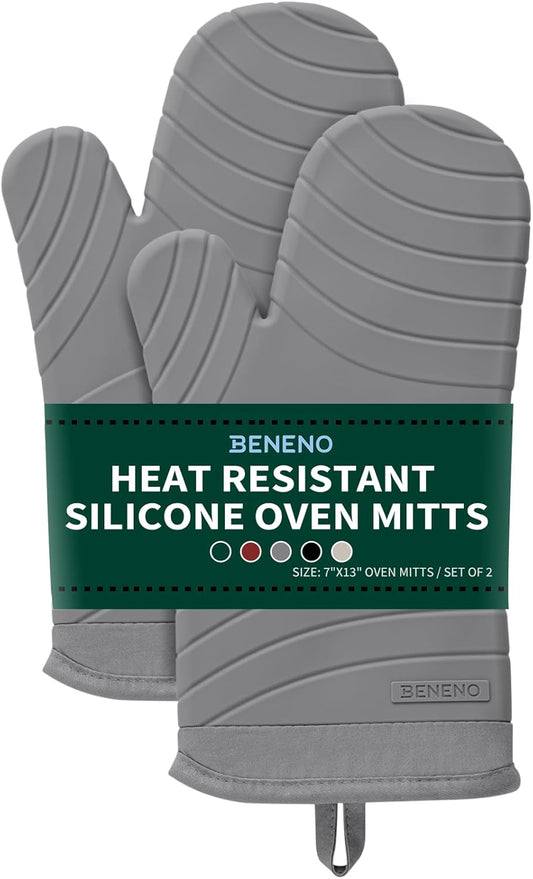 Beneno BPA-Free Silicone Oven Mitts, Heat Resistant Waterproof Oven Mitts with Non-Slip Textured Grip, Comfortable Quilted Lining, Kitchen Pot Holders for Cooking, Baking, Grilling, 7"x13", 2Pcs Gray