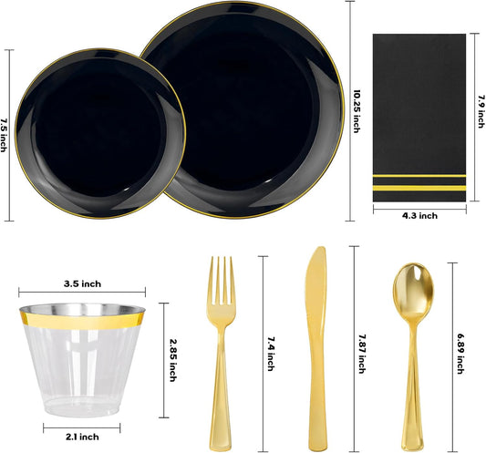 NOCCUR 350PCS Black and Gold Plastic Plates - Black Disposable Dinnerware Set for 50 Guests, 100 Dinner/Dessert Plates, 150 Gold Silverware, 50 Cups&50 Napkins for Party/Birthday/Halloween/NewYear