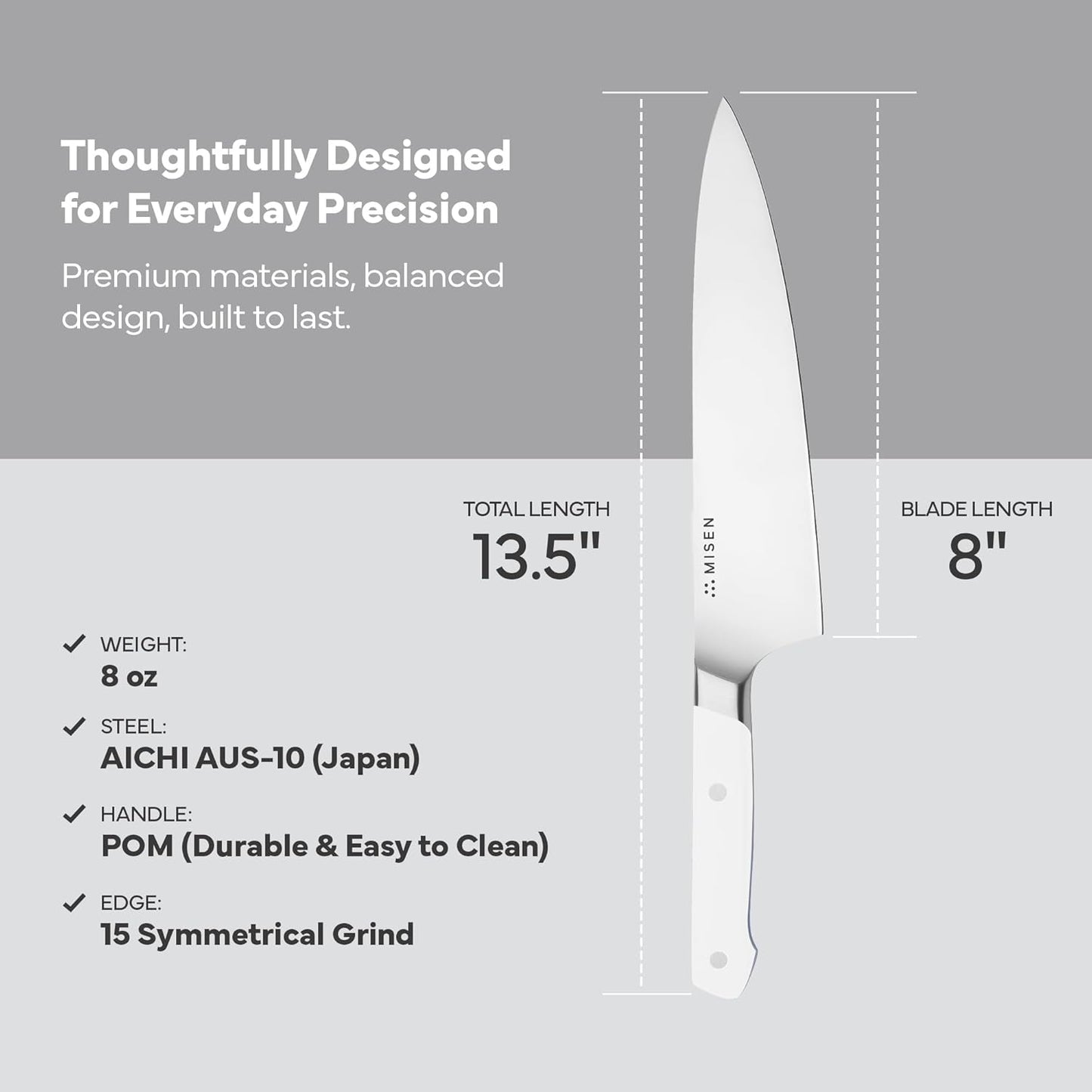Misen 8" Chef Knife – High Carbon Japanese AUS-10 Stainless Steel – Hybrid German & Japanese Blade – Precision Kitchen Knife for Professionals & Home Cooks – Ultimate Cutting Performance - White