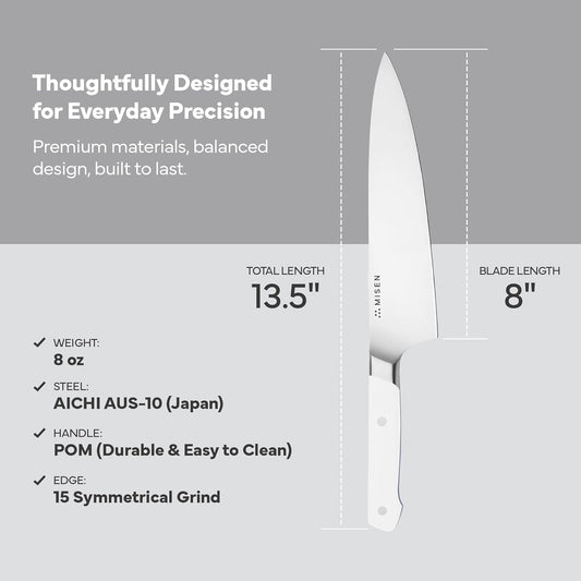 Misen 8" Chef Knife – High Carbon Japanese AUS-10 Stainless Steel – Hybrid German & Japanese Blade – Precision Kitchen Knife for Professionals & Home Cooks – Ultimate Cutting Performance - White