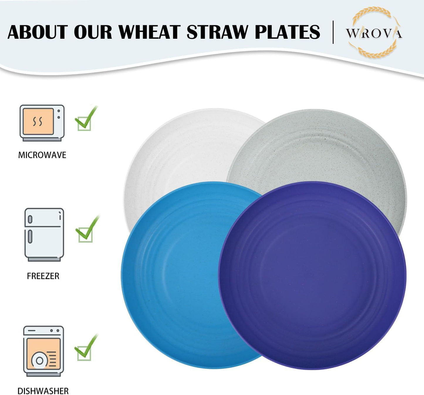 Wrova Wheat Straw Plates - 10 Inch Unbreakable Dinner Plates Set of 8 - Dishwasher & Microwave Safe Plastic Plates Reusable - Plates easy to clean for kitchen,camping.White-Grey-Blue, Island Series