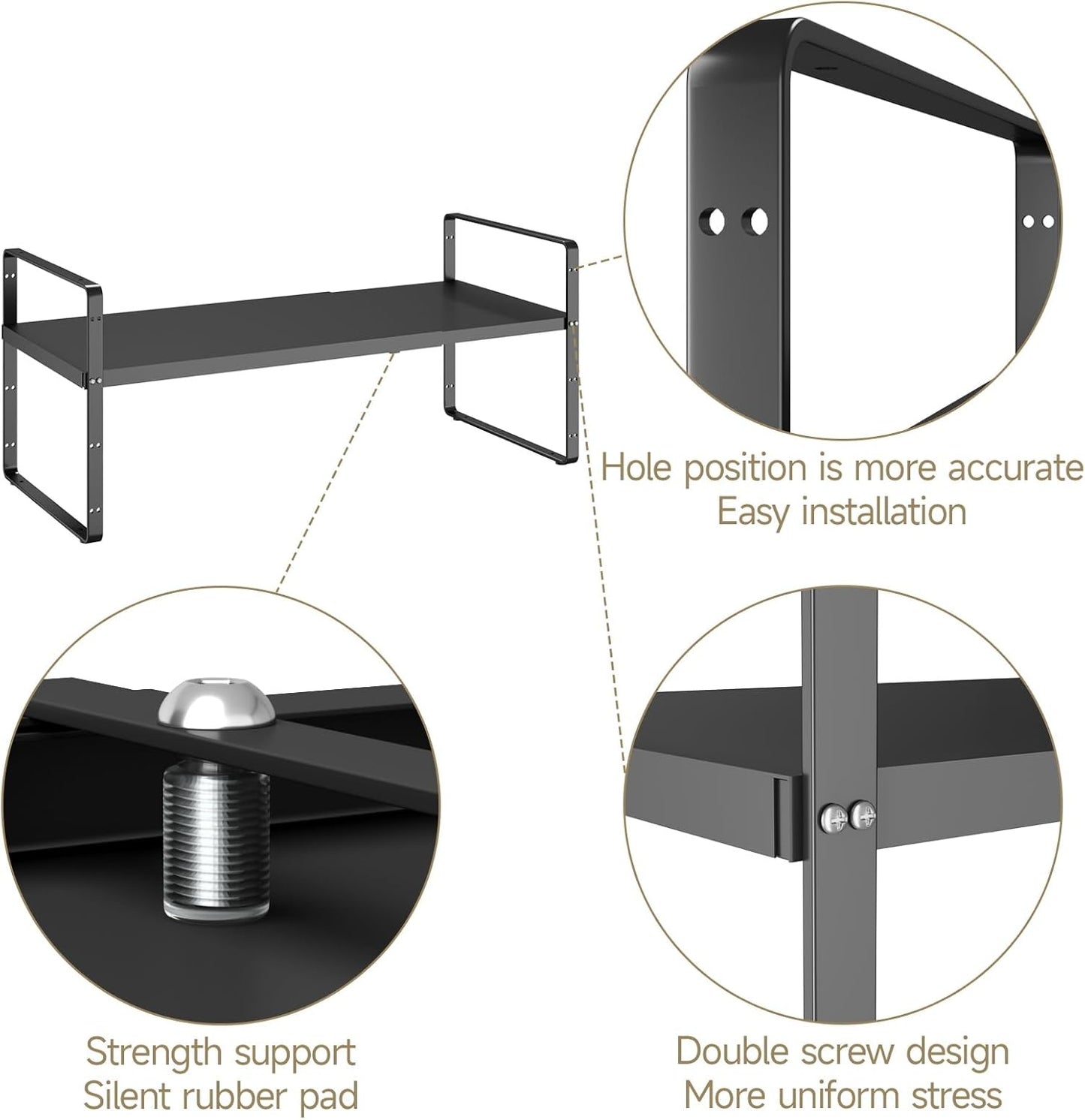 16.5~27.1" Expandable Shelf Organizer, 1Pack 10.2" Wide Stackable Cabinet Shelf Organizers, Black Metal Sturdy Kitchen Counter Storage for Countertop, Adjustable Height Spice Rack
