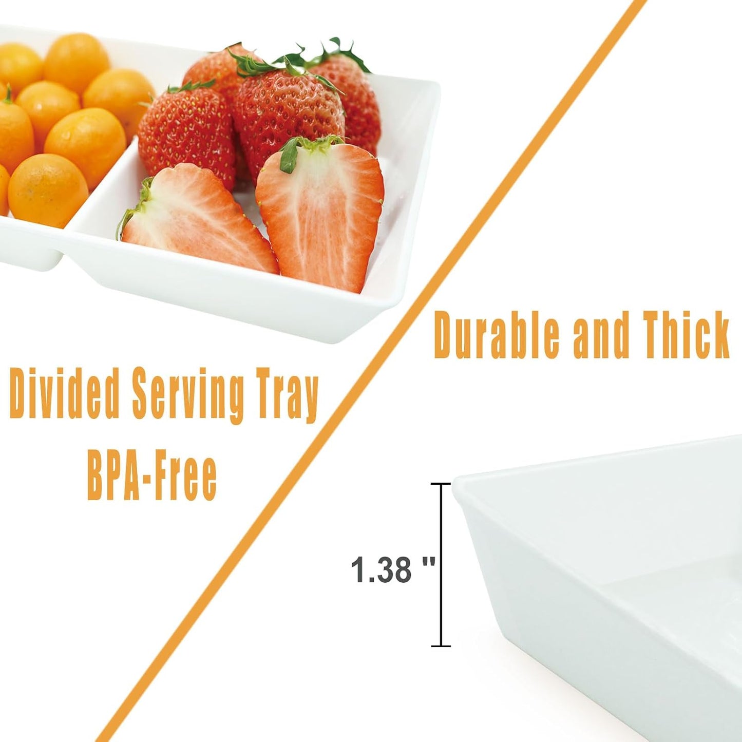 Divided Serving Tray Platter, 2 Pack 15" x 5" Fruit Veggie Food Tray for Party, Plastic Serving Trays for Appetizer, Snack, Dessert, Cookie, Brunch Decorations Platters, White Trays BPA-Free