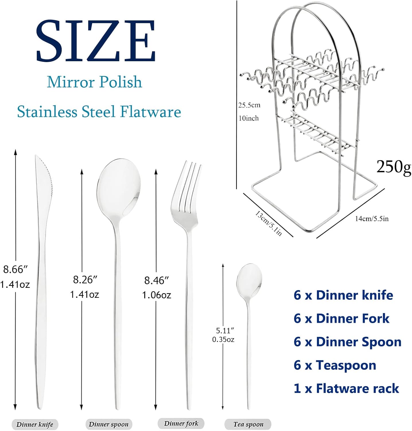 24-Piece Mirror Silver Cutlery Set, Snplowum Stainless Steel Flatware Hanging Tableware Silverware Set Include Knife/Fork/Spoon/Teaspoon and Storage Rack For Daily Use, Service For 6