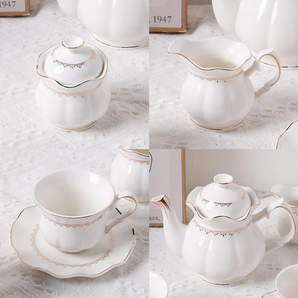 Sweejar 21 Pieces Porcelain Tea Set, Vintage Gold Trimmed Teapot Cup and Saucer Set, Tea Cup for Loose Tea, Sugar Bowl and Creamer Pitcher with Spoons, Service for 6(Elegant White)